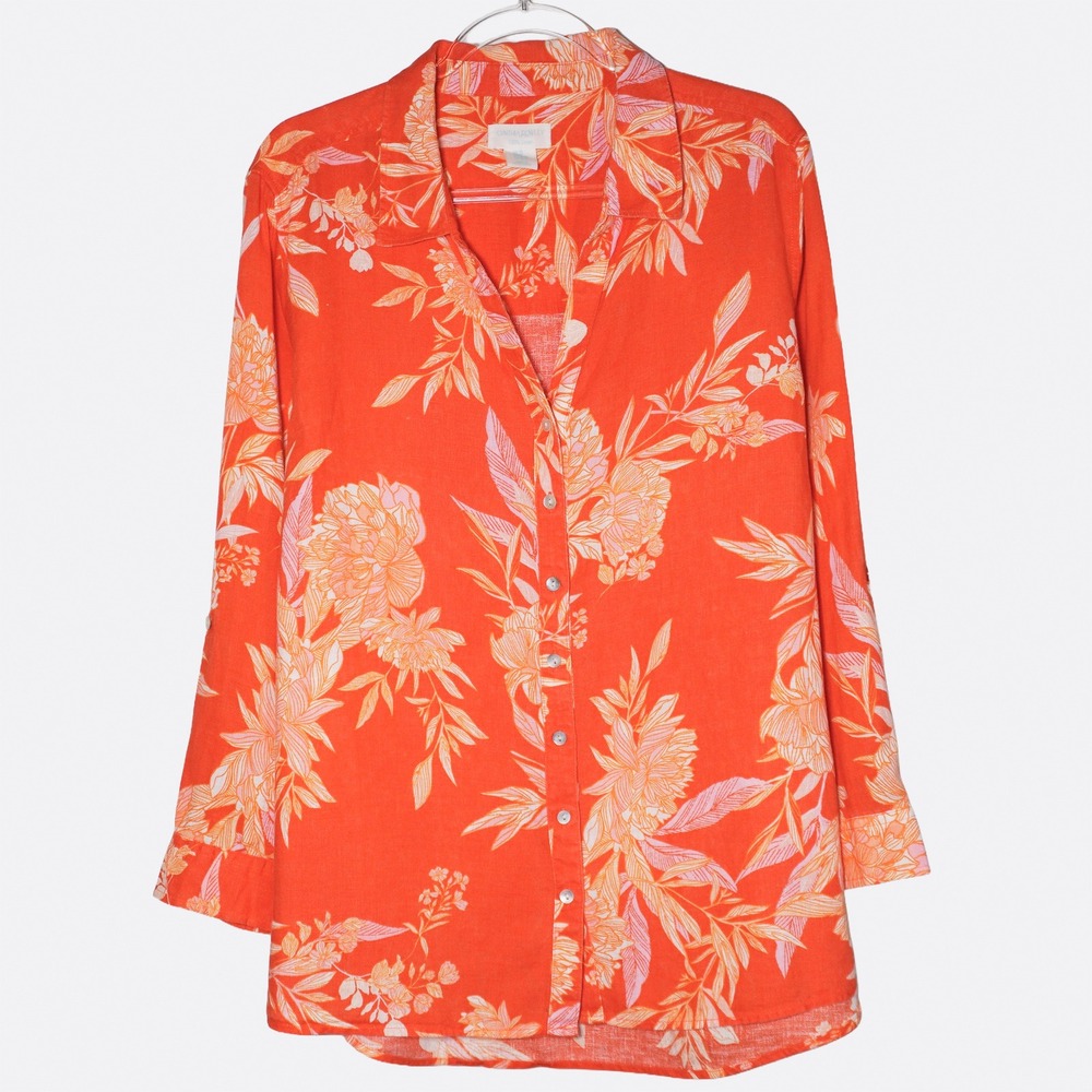 Cynthia Rowley 100% Linen Button Down Shirt Orange Floral Blouse Plus 2X 3X - Picture 2 of 9